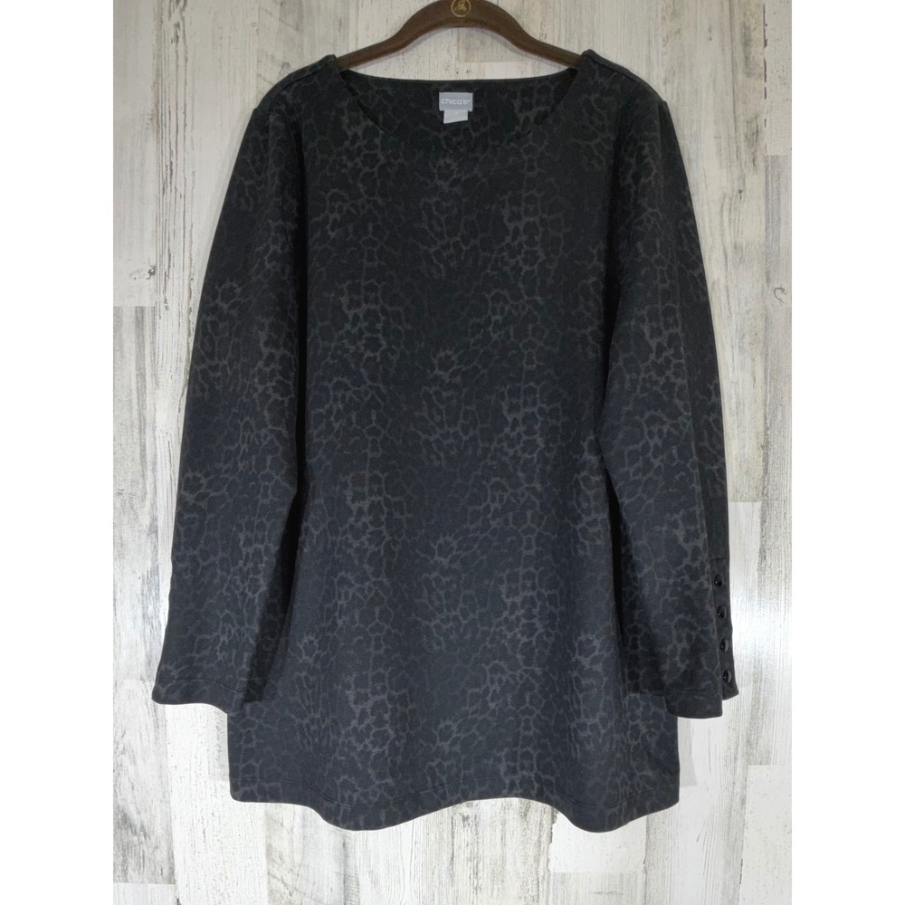 Chicos Ponte Knit Tunic Size 2 or‎ Large Black Leopard Print Button Cuff READ